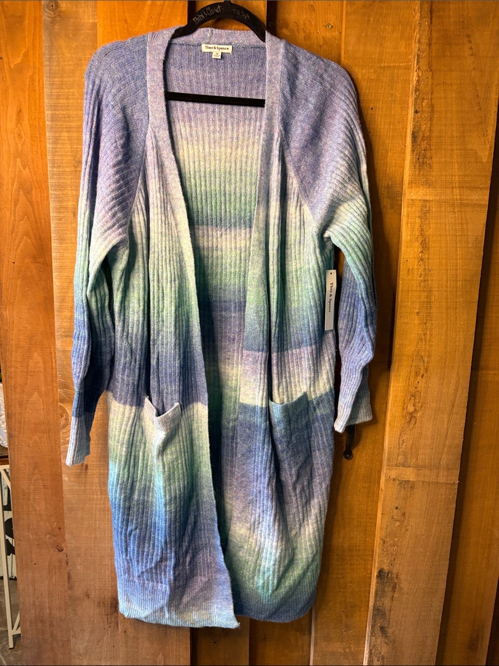Theo & Spence Ombre Ribbed Long Open Cardigan in Blue and Green
